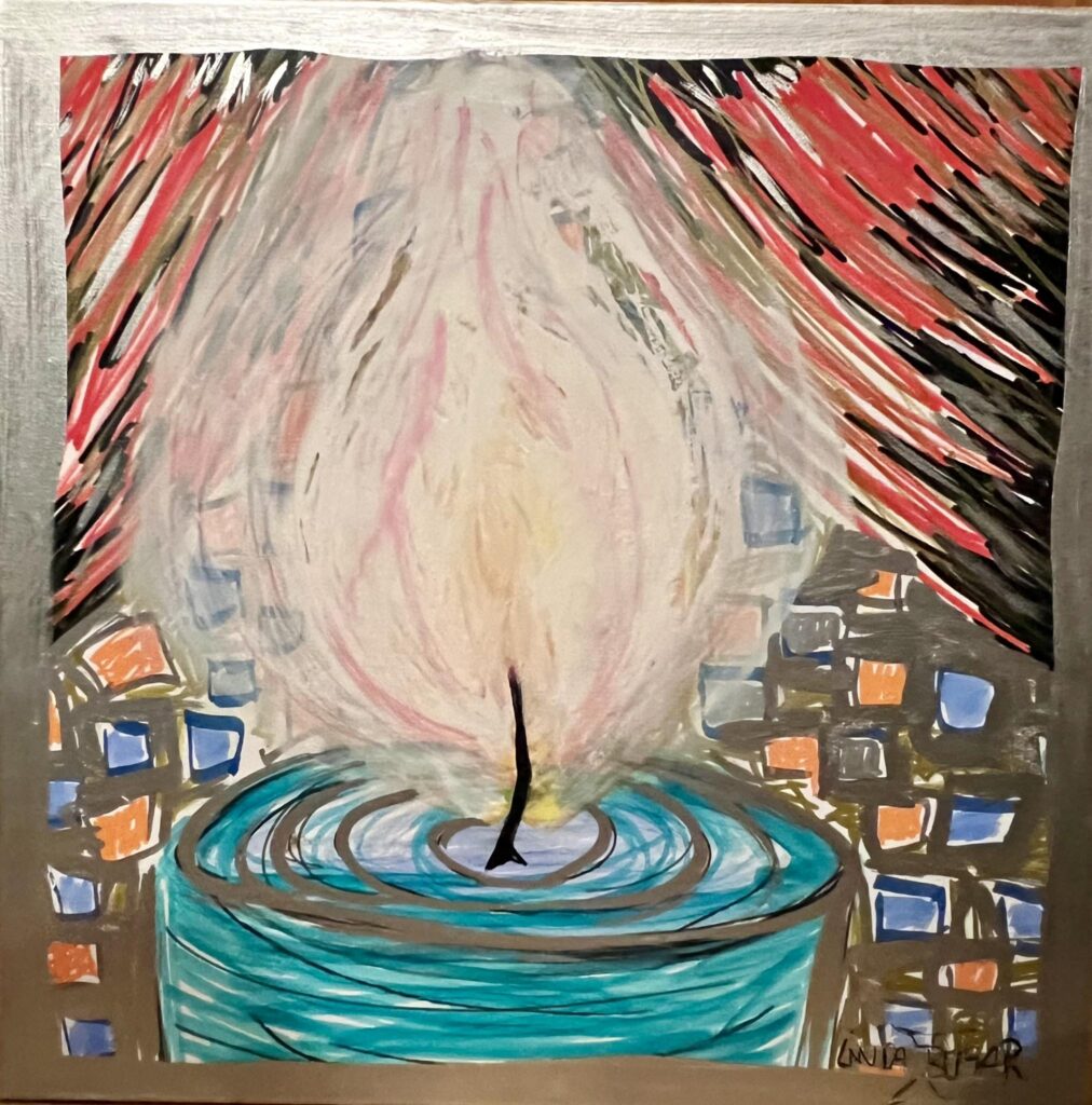 „Abstraktes Gemälde einer Kerze mit großer Flamme in Türkis‑, Blau‑, Rosa‑ und Gelbtönen, umgeben von geometrischen Farbflächen.“