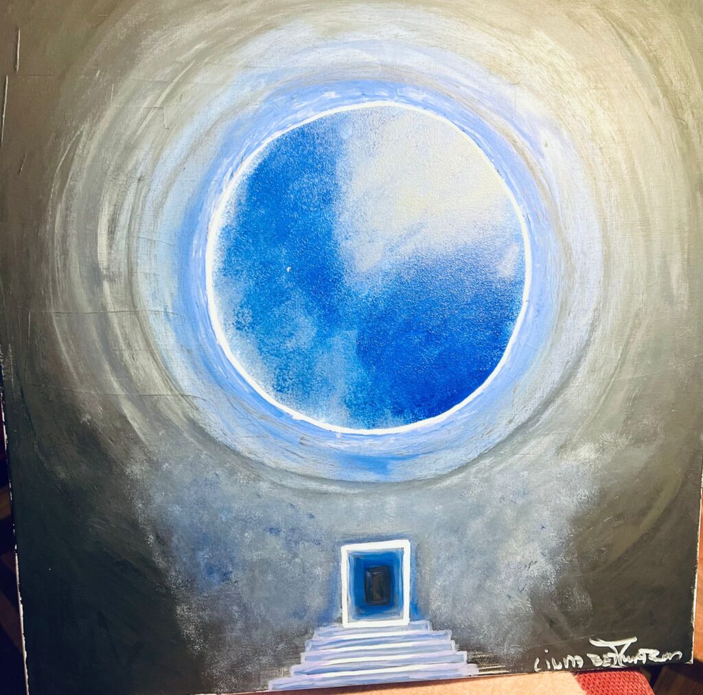 Gemälde mit großem blauen Kreis und konzentrischen Ringen, unten ein kleines Portal mit Stufen.