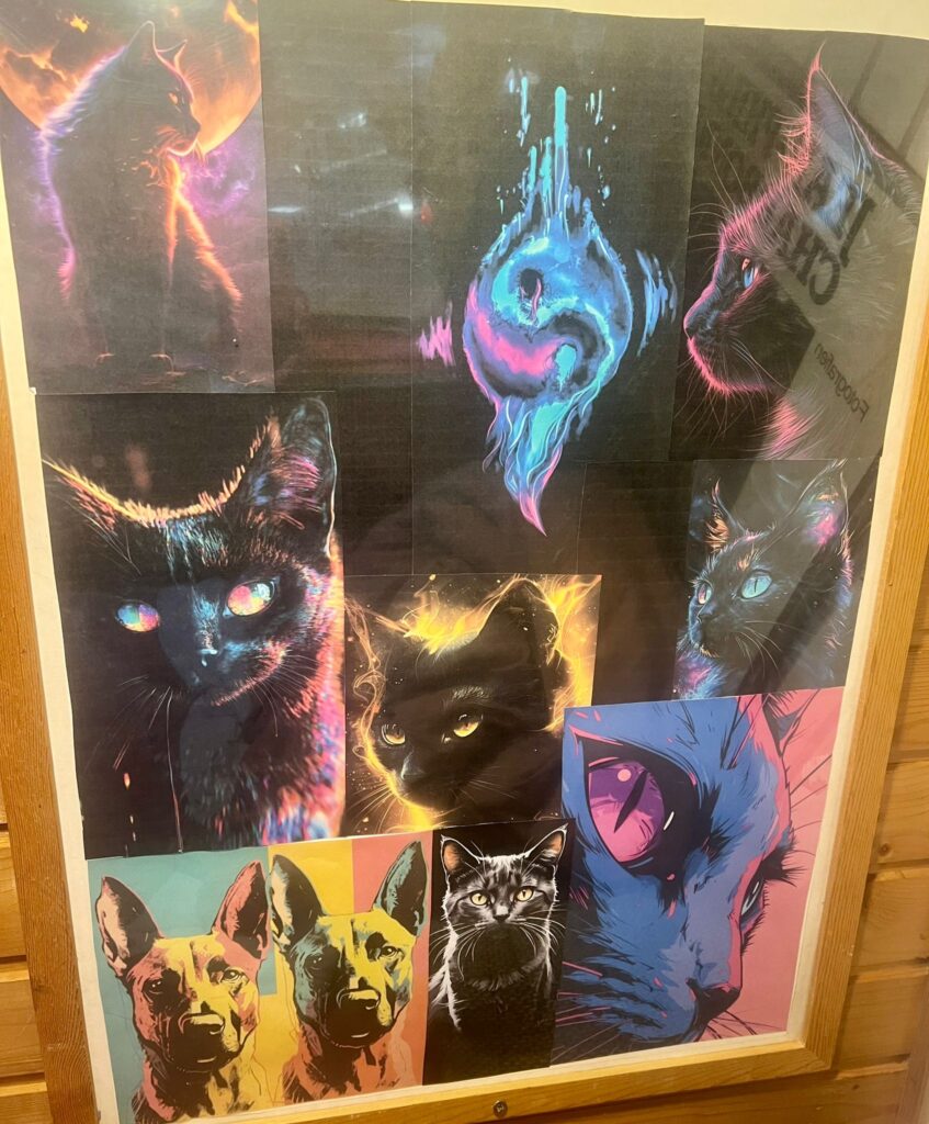 „Collage aus neonfarbenen Katzen‑ und Hundeporträts in leuchtenden Blau‑, Pink‑, Orange‑ und Violetttönen, zentral ein abstraktes Yin‑Yang‑Symbol.“