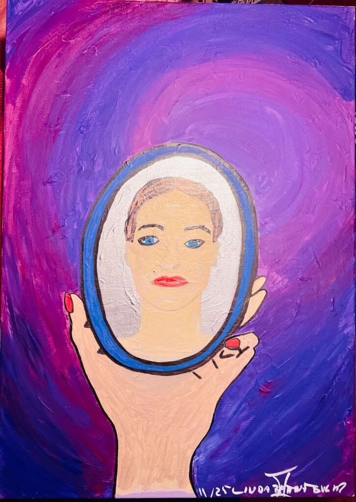 Gemälde einer Hand mit rotem Nagellack, die einen Spiegel hält, in dem ein Gesicht reflektiert wird; Hintergrund in violetten und blauen Wirbeln.